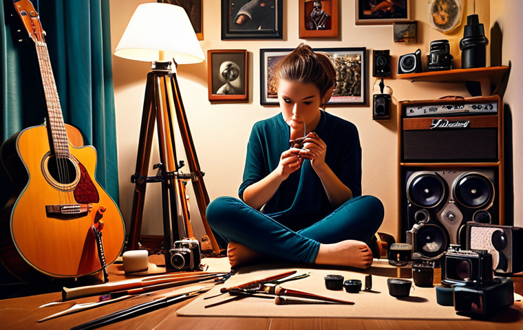 ** A person thoughtfully gazing, surrounded by objects representing various hobbies (camera, musical instrument, paintbrushes), with a subtle glow highlighting the potential career paths emanating from these passions. Focus on warm, inviting colors and a sense of self-discovery.
**